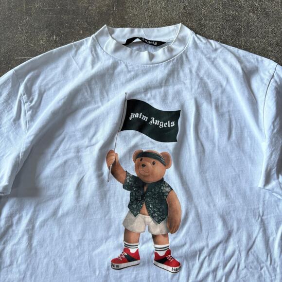 Palm Angels Pirate Teddy Bear Shirt Mens L White Short Sleeve Flag Graphic Tee - Picture 2 of 8